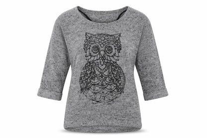 Front view of New Look women’s grey animal print polyester pullover sweatshirt, size UK 12, pullover - owl
