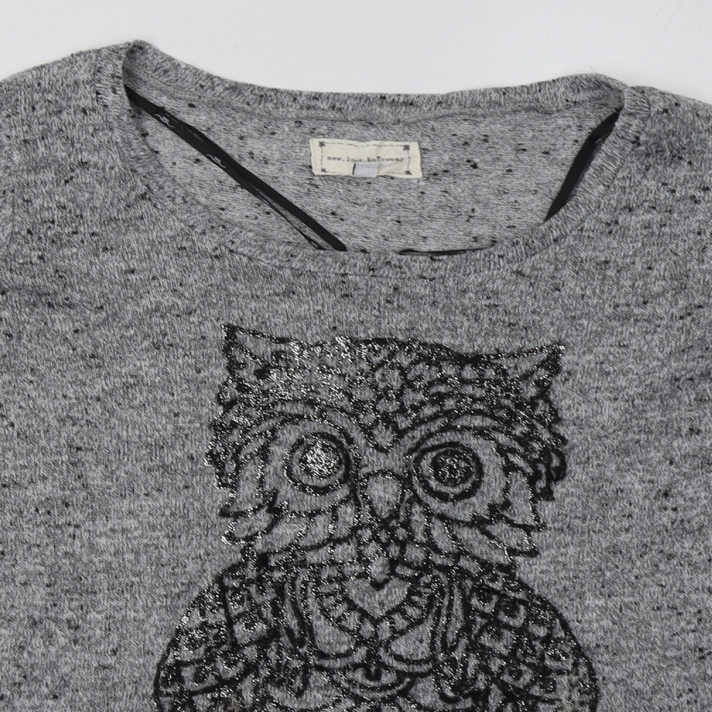Close-up detail of New Look women’s grey animal print polyester pullover sweatshirt, size UK 12, pullover - owl