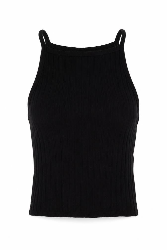 Front view of H&M women’s black acrylic cropped tank, size XS, square neck