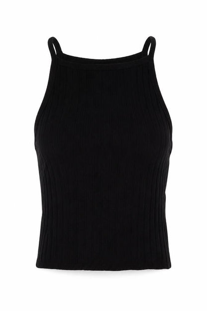 Front view of H&M women’s black acrylic cropped tank, size XS, square neck