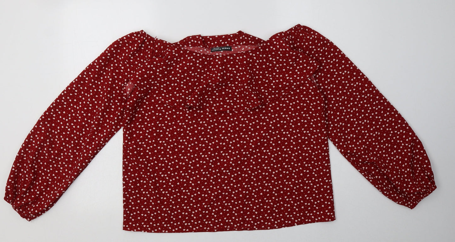 SheIn Womens Red Polka Dot Polyester Basic Blouse Size L Off the Shoulder - Heart Print