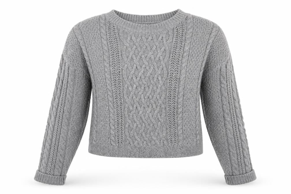 Front view of Atmosphere women’s grey round neck acrylic jumper, size UK 6