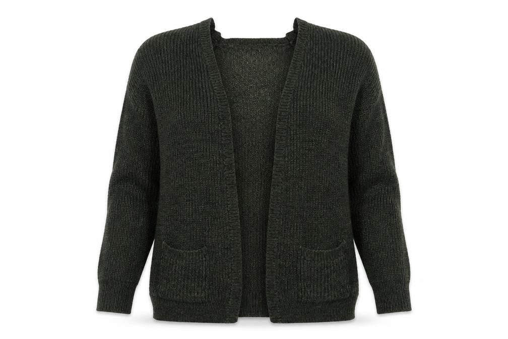 Front view of Select women’s green round neck acrylic cardigan jumper, size UK 14