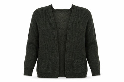 Front view of Select women’s green round neck acrylic cardigan jumper, size UK 14