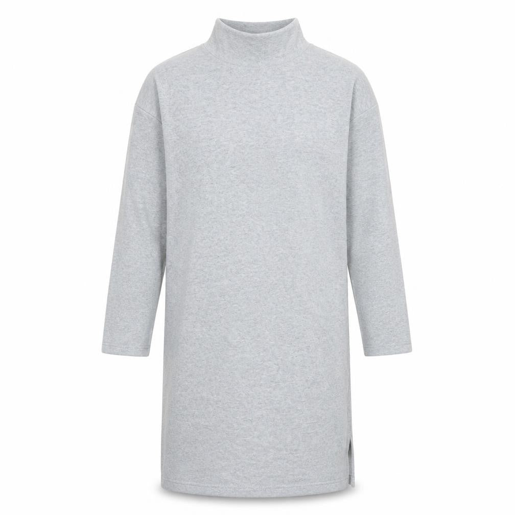 Front view of women’s grey polyester jumper dress, size L, high neck