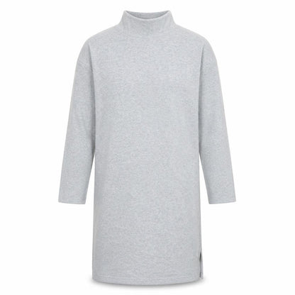Front view of women’s grey polyester jumper dress, size L, high neck
