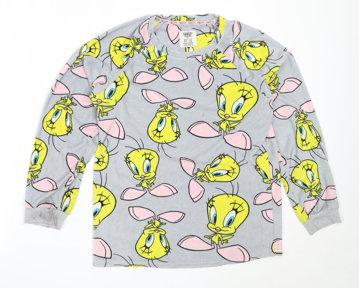 Front view of Primark women’s grey solid polyester top pyjama top, size XS, - looney tunes
