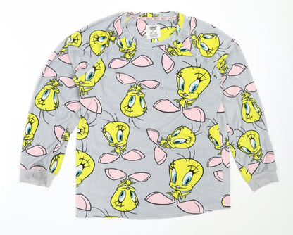 Front view of Primark women’s grey solid polyester top pyjama top, size XS, - looney tunes
