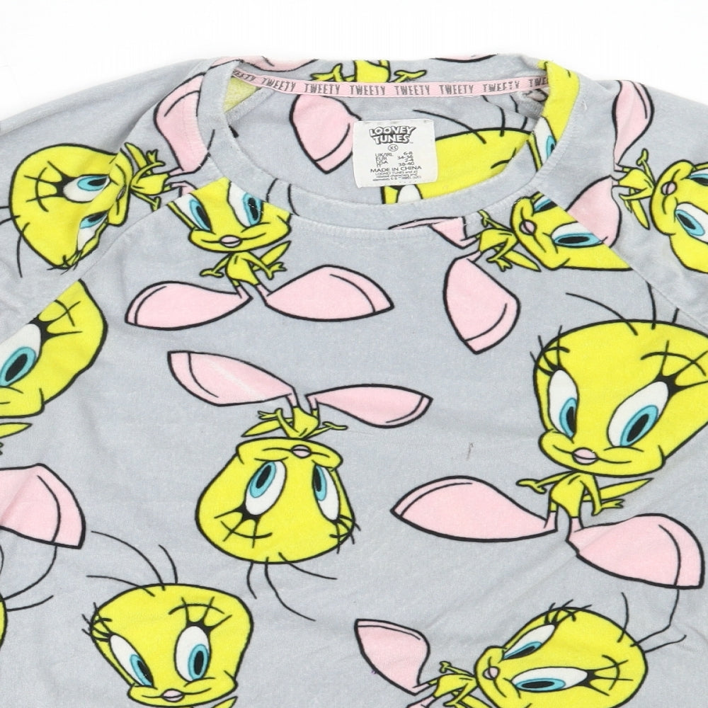 Close-up detail of Primark women’s grey solid polyester top pyjama top, size XS, - looney tunes