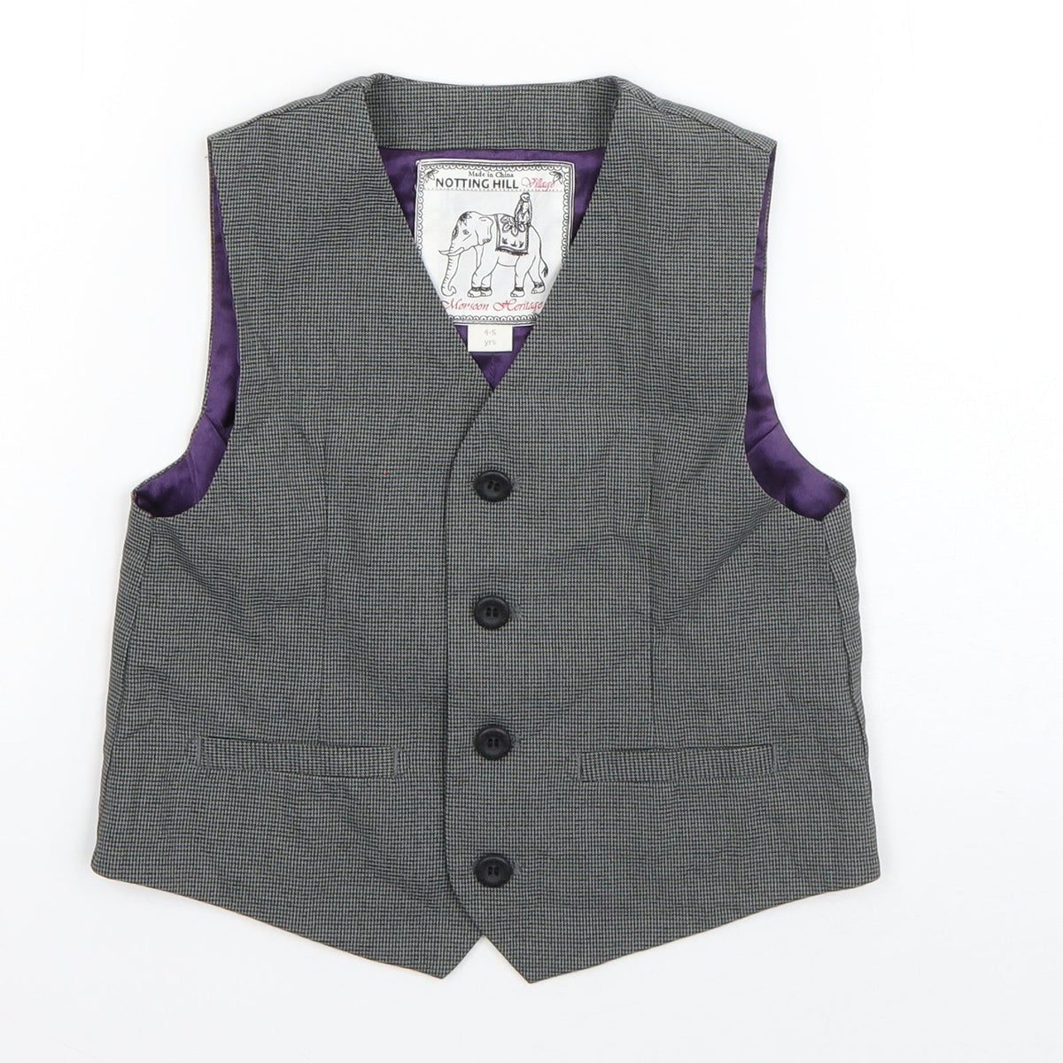 Front view of Monsoon boys’ grey houndstooth jacket waistcoat, size 4-5, years button