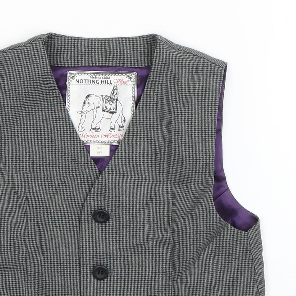 Close-up detail of Monsoon boys’ grey houndstooth jacket waistcoat, size 4-5, years button