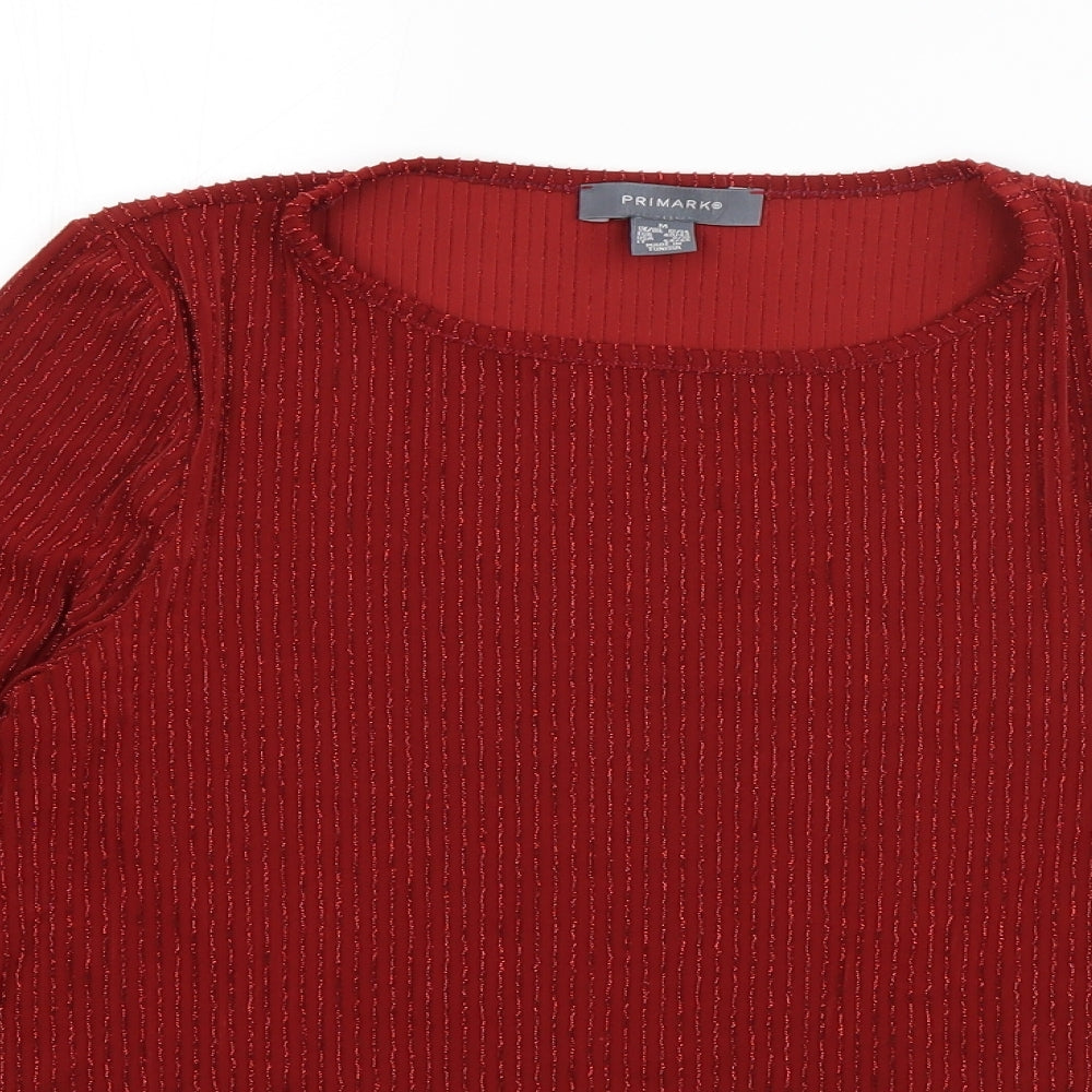 Primark Womens Red Striped Polyester Basic T-Shirt Size 12 Boat Neck