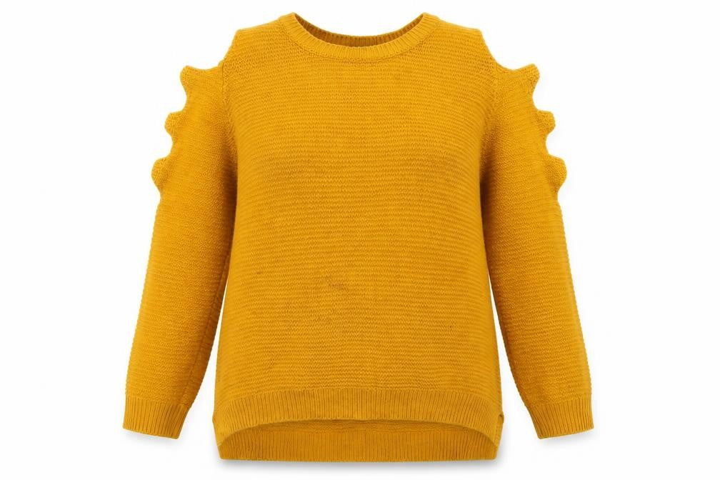 Front view of Primark women’s orange crew neck acrylic jumper, size UK 6, - cut out sleeves