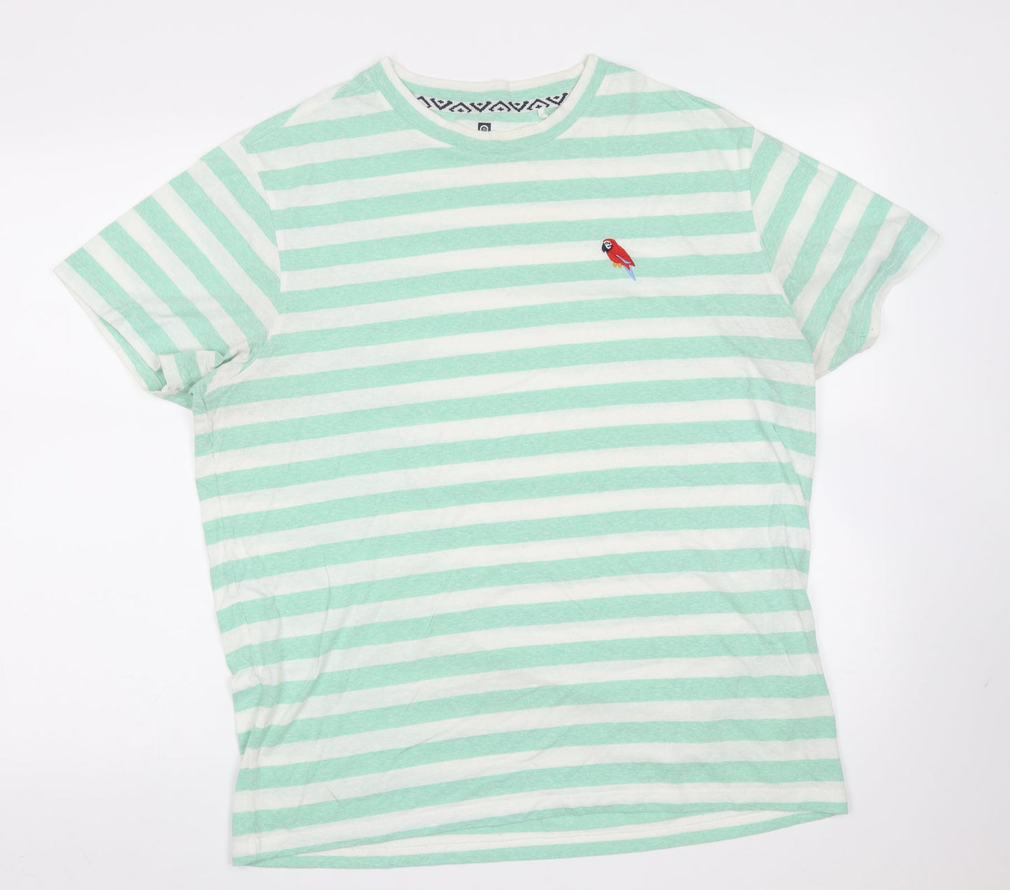 Green Coast Mens Green Striped Cotton Blend  T-Shirt  Round Neck