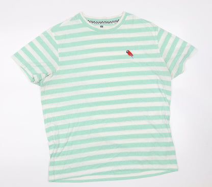 Green Coast Mens Green Striped Cotton Blend  T-Shirt  Round Neck