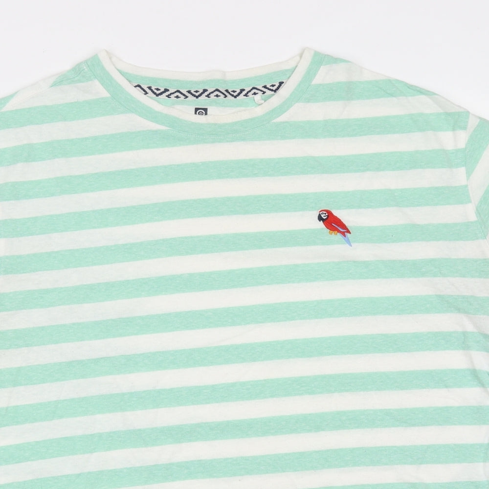 Green Coast Mens Green Striped Cotton Blend  T-Shirt  Round Neck