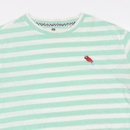 Green Coast Mens Green Striped Cotton Blend  T-Shirt  Round Neck