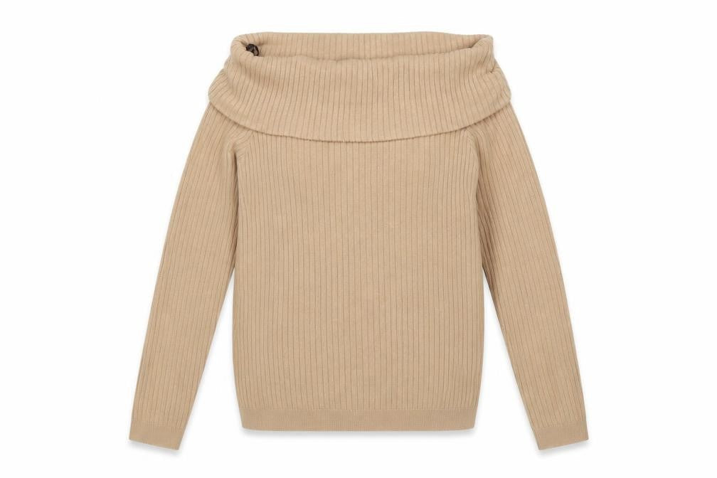 Front view of Divided by H&M women’s beige roll neck striped viscose jumper, size L