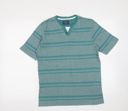 Atlantic Bay Mens Green Striped Cotton  T-Shirt Size S Round Neck