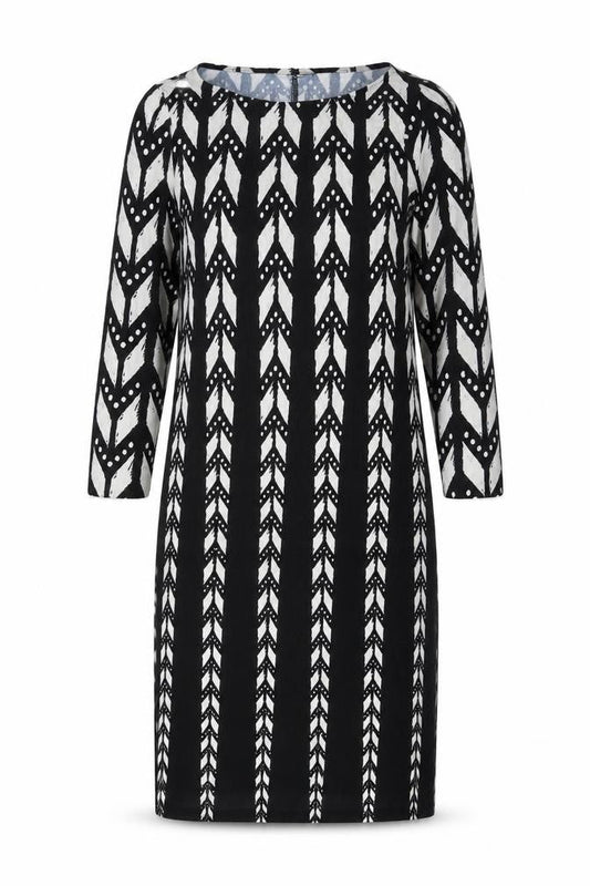 Front view of women’s black geometric viscose shift, size UK 8, round neck