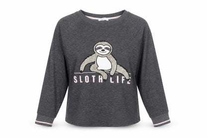 Front view of New Look women’s grey polyester top pyjama top, size M, - sloth