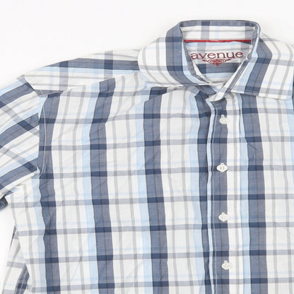 Avenue Mens Blue Check Cotton  Button-Up Size S Collared Button