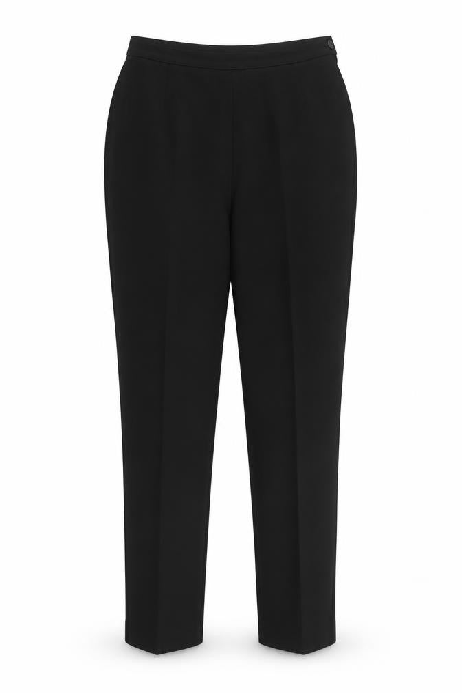 Front view of Preworn women’s black polyester dress pants trousers, size UK 14, 27-inch leg regular zip