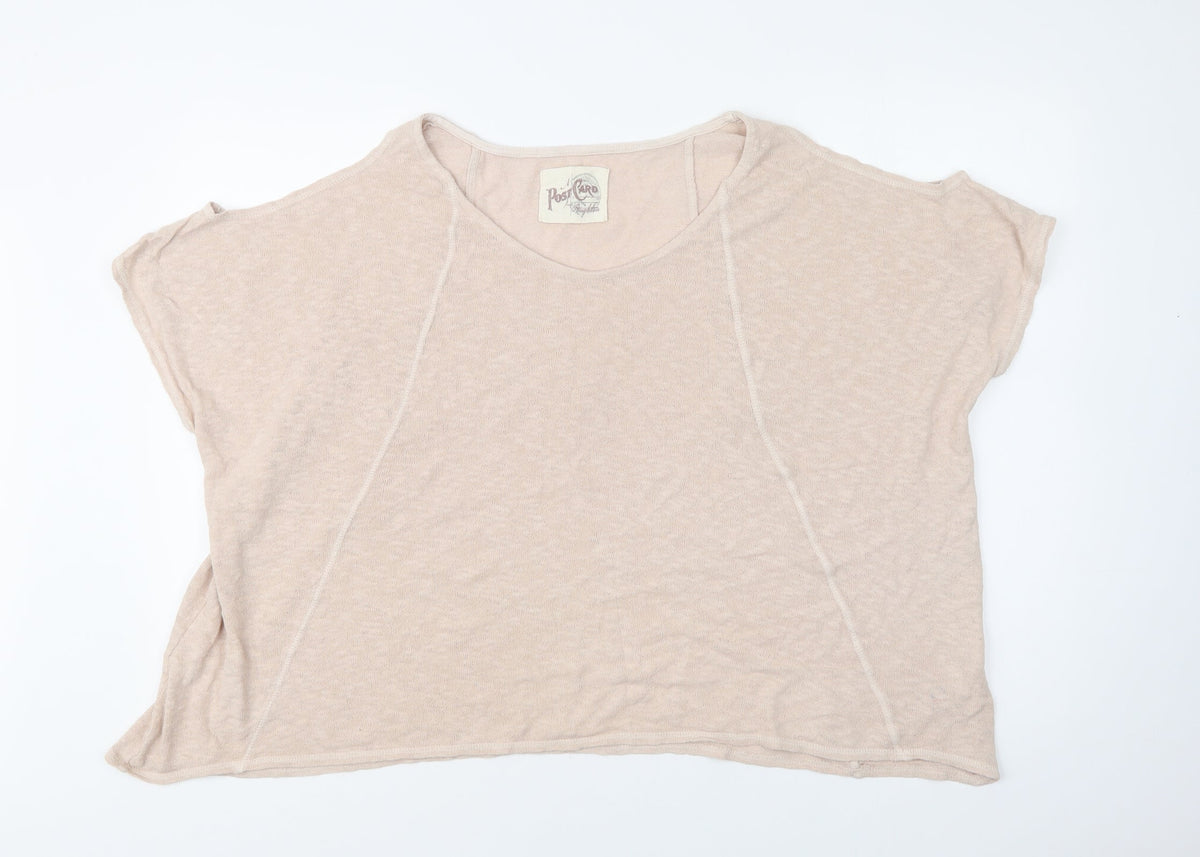 Front view of A Postcard From Brighton women’s pink cotton basic blouse, size L, crew neck