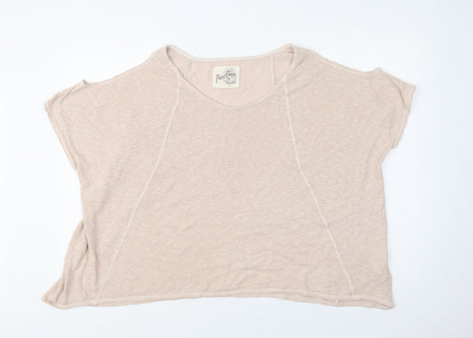 Front view of A Postcard From Brighton women’s pink cotton basic blouse, size L, crew neck