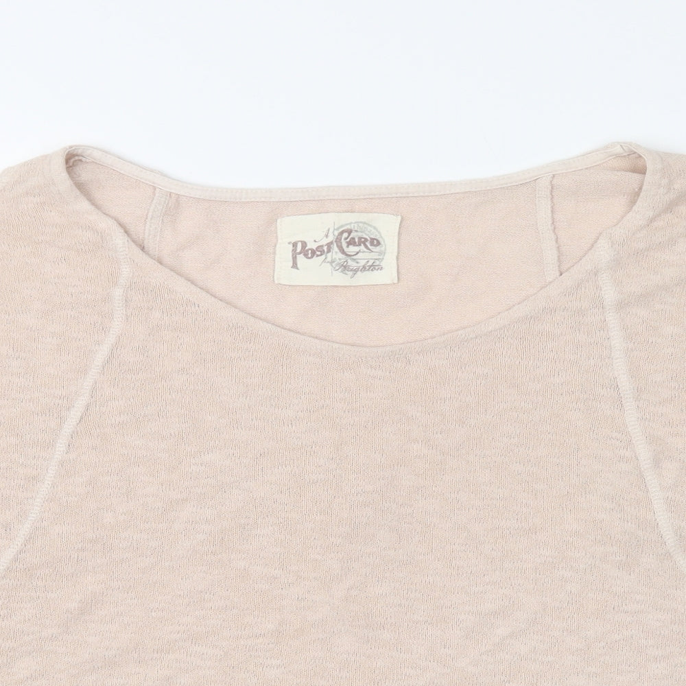 Close-up detail of A Postcard From Brighton women’s pink cotton basic blouse, size L, crew neck