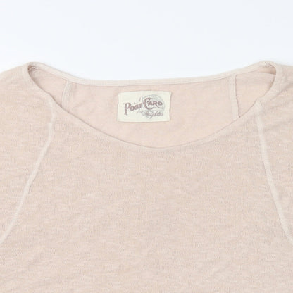Close-up detail of A Postcard From Brighton women’s pink cotton basic blouse, size L, crew neck