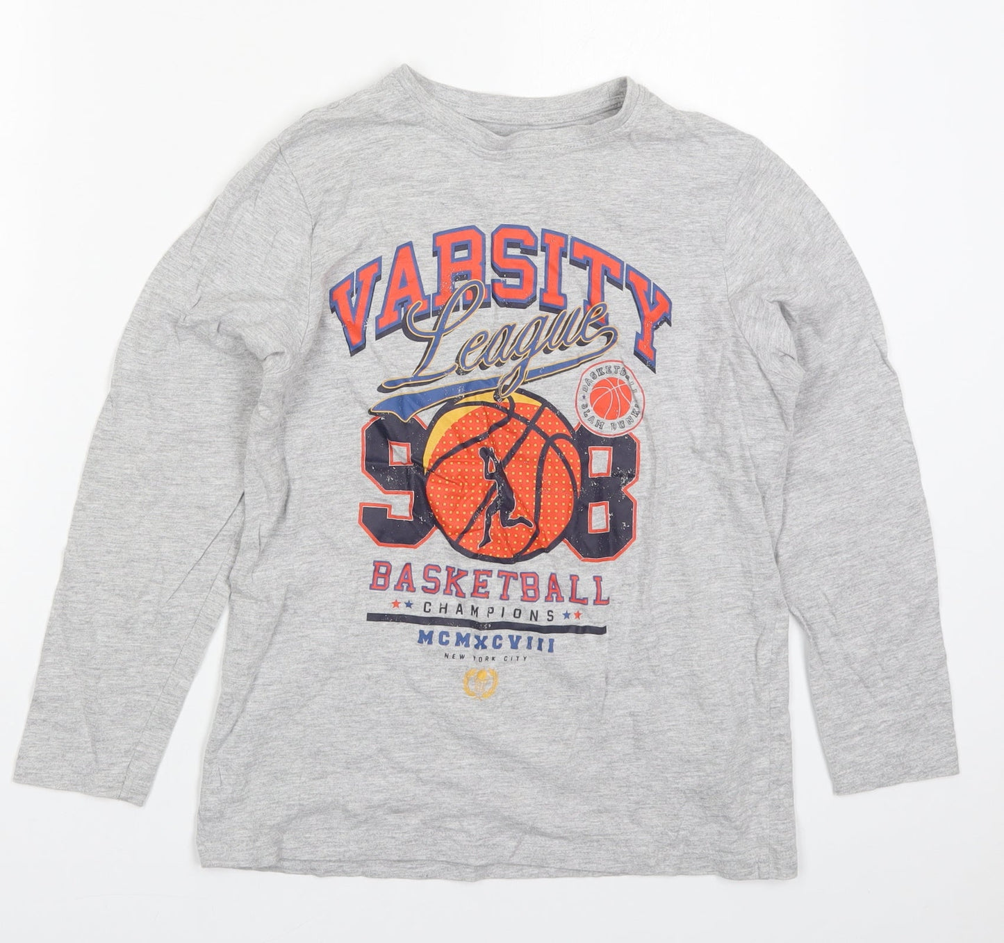 Primark Boys Grey  Cotton Basic T-Shirt Size 11-12 Years Crew Neck Pullover - Varsity League Basketball