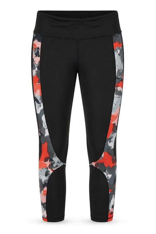 Front view of Preworn women’s multicoloured geometric polyester capri leggings, size UK 29, in, 26-inch leg regular