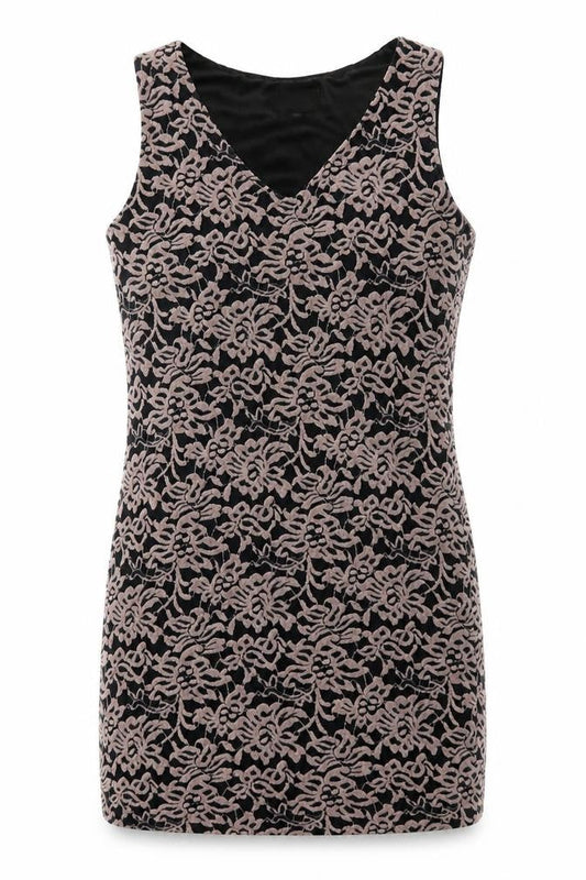 Front view of Yumi women’s brown floral polyester mini, size M, v-neck pullover