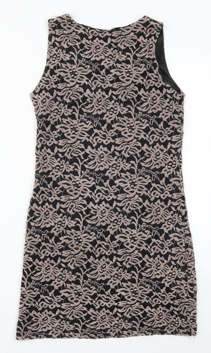 Yumi Womens Brown Floral Polyester Mini  Size M  V-Neck Pullover