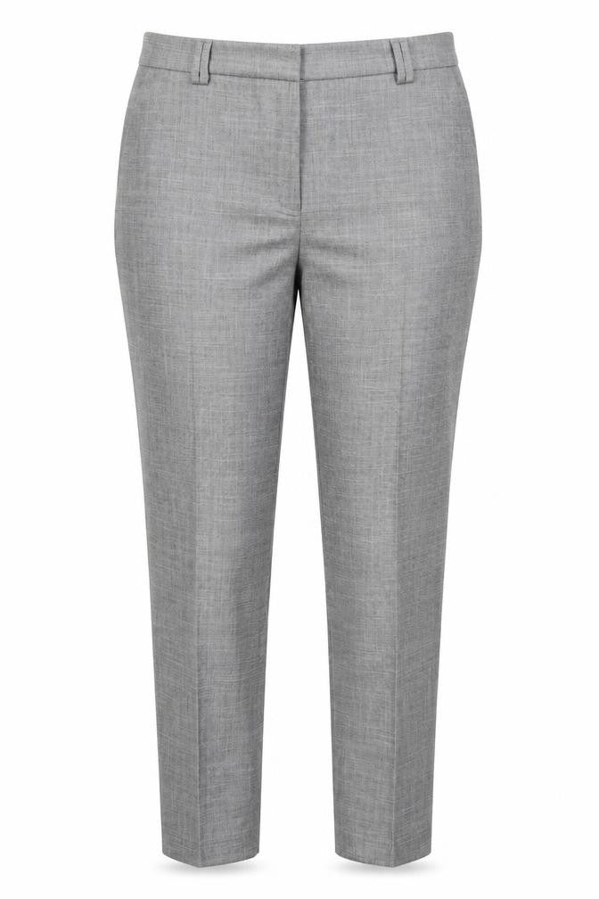 Front view of Marks & Spencer Collection women’s grey polyester dress pants trousers, size UK 12 regular hook & eye