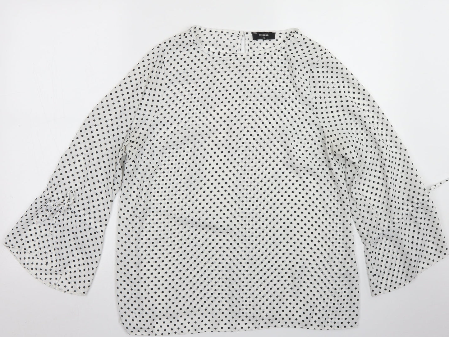 Papaya Womens White Polka Dot Polyester Basic Blouse Size 12 Round Neck - Bell Sleeve