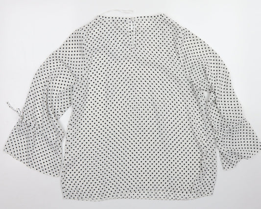 Papaya Womens White Polka Dot Polyester Basic Blouse Size 12 Round Neck - Bell Sleeve