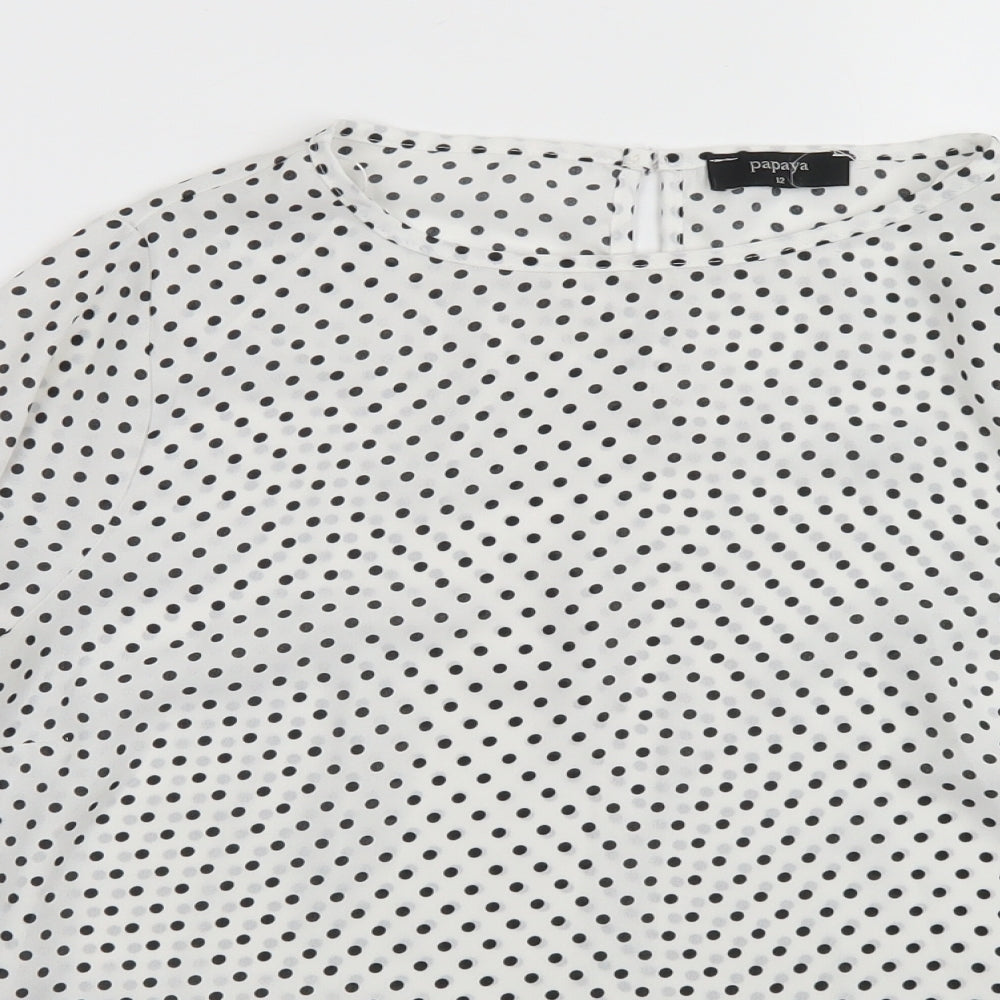 Papaya Womens White Polka Dot Polyester Basic Blouse Size 12 Round Neck - Bell Sleeve