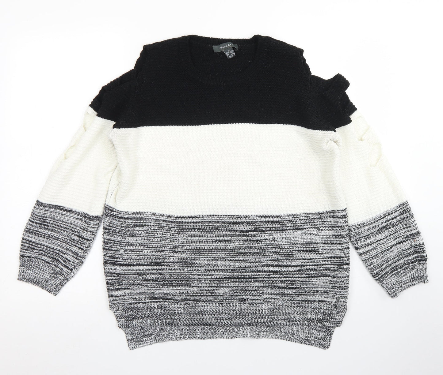 Primark Womens Grey Round Neck Striped Acrylic Pullover Jumper Size M   - Cut out Sleeves