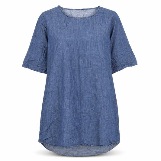 Front view of Viz-A-Viz women’s blue cotton a-line, size S, round neck