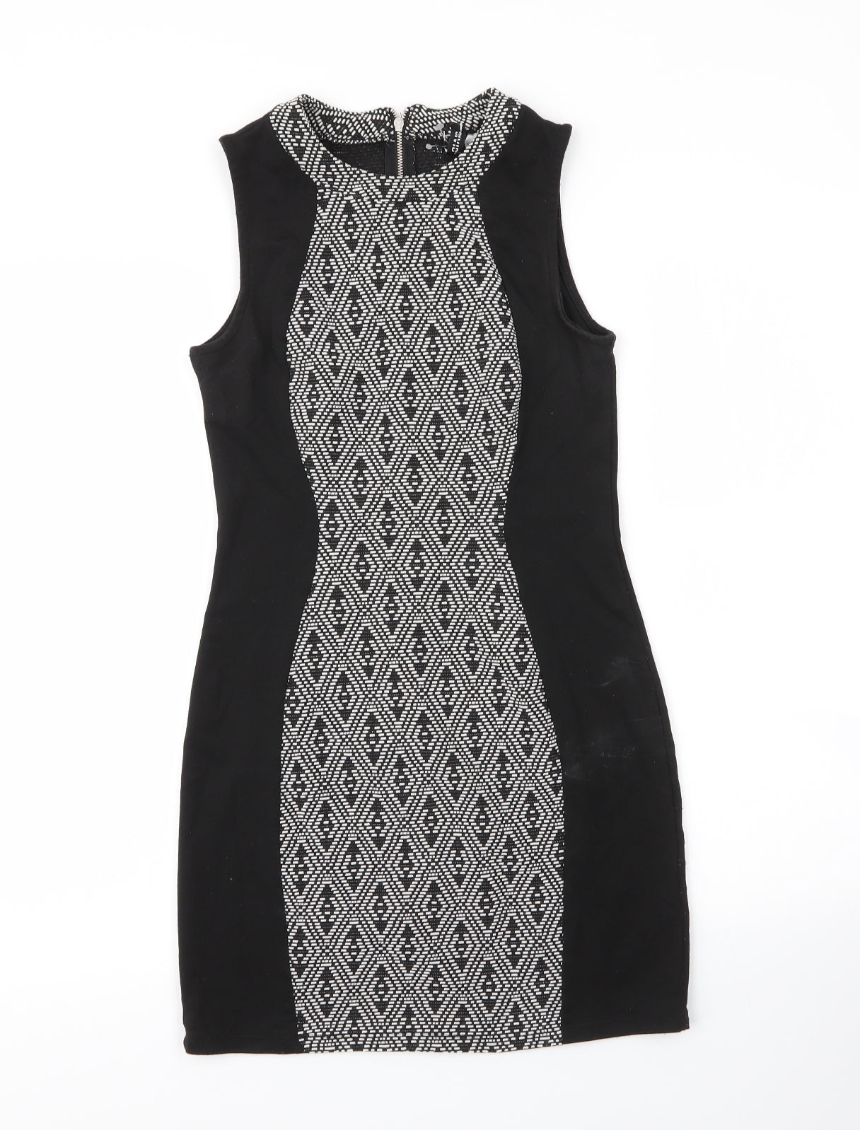 H&M Womens Black Argyle/Diamond Cotton Sheath  Size 6  Round Neck Zip