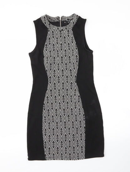 H&M Womens Black Argyle/Diamond Cotton Sheath  Size 6  Round Neck Zip