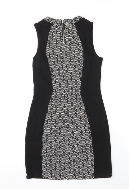 H&M Womens Black Argyle/Diamond Cotton Sheath  Size 6  Round Neck Zip