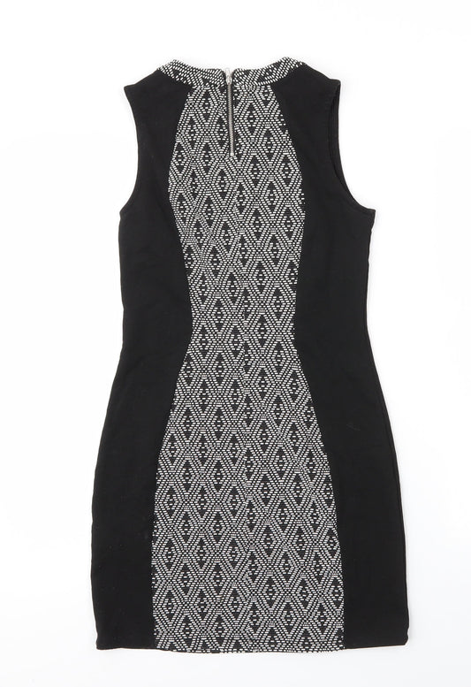 H&M Womens Black Argyle/Diamond Cotton Sheath  Size 6  Round Neck Zip