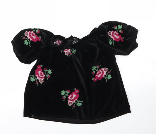 New Look Womens Black Floral Polyester Basic Blouse Size 10 Boat Neck