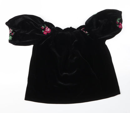 New Look Womens Black Floral Polyester Basic Blouse Size 10 Boat Neck