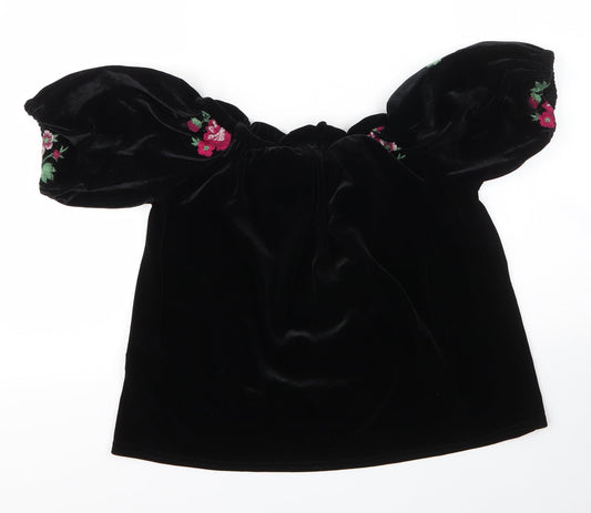 New Look Womens Black Floral Polyester Basic Blouse Size 10 Boat Neck