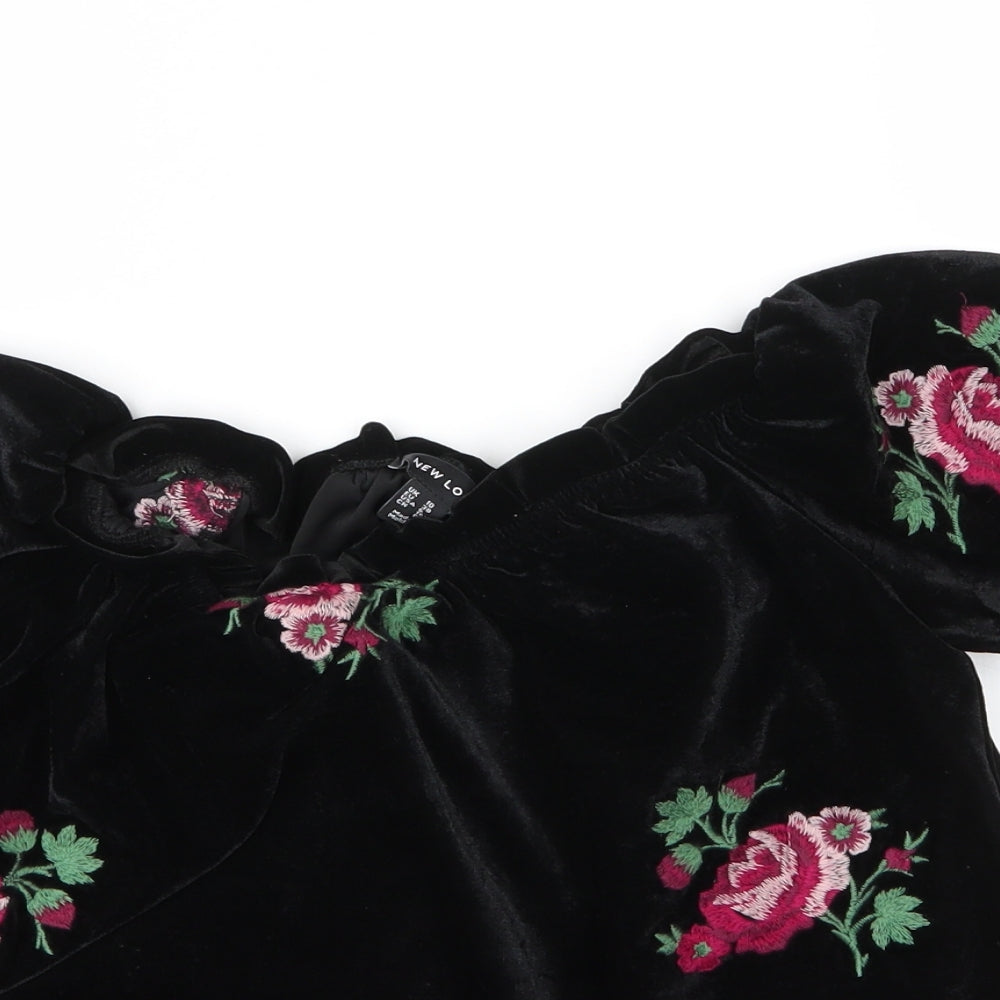New Look Womens Black Floral Polyester Basic Blouse Size 10 Boat Neck