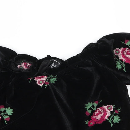 New Look Womens Black Floral Polyester Basic Blouse Size 10 Boat Neck